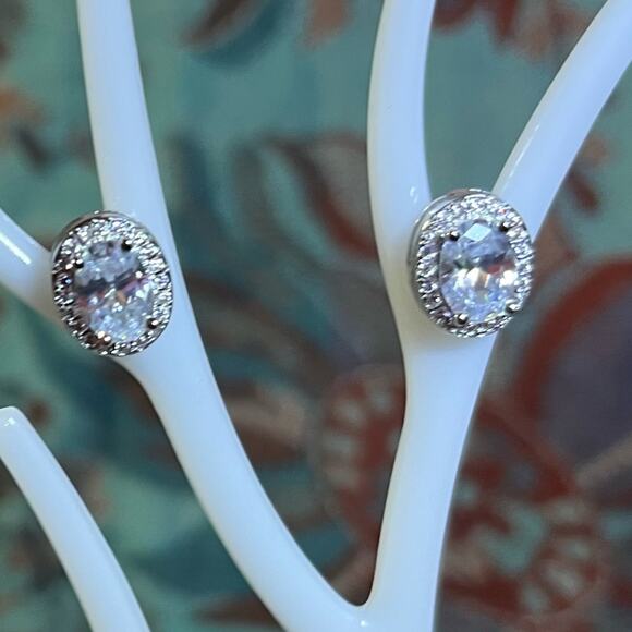 Simulated Diamond Oval Stud Earrings in Silvertone 3 ctw. Inspired by the halo - Picture 4 of 6